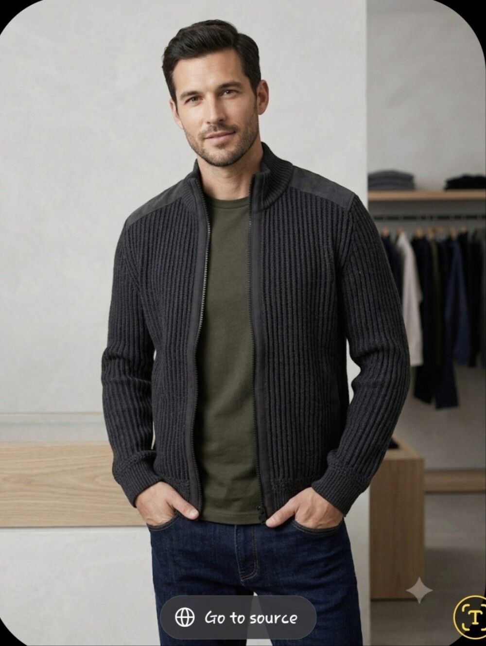Calvin Klein Men's Black Ribbed Full-Zip Sweater Jacket